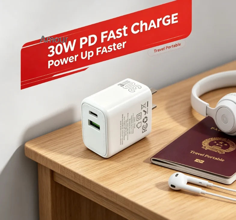 30W GaN USB-C wall charger with US plug